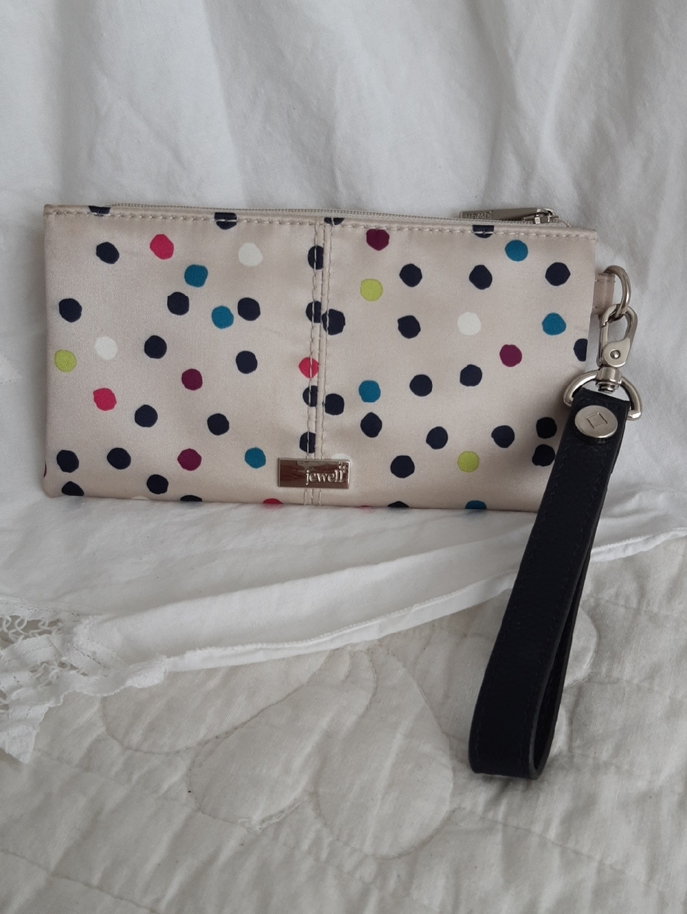 thirty-one Polka Dot Wristlet in Cream with Multicolor Dots